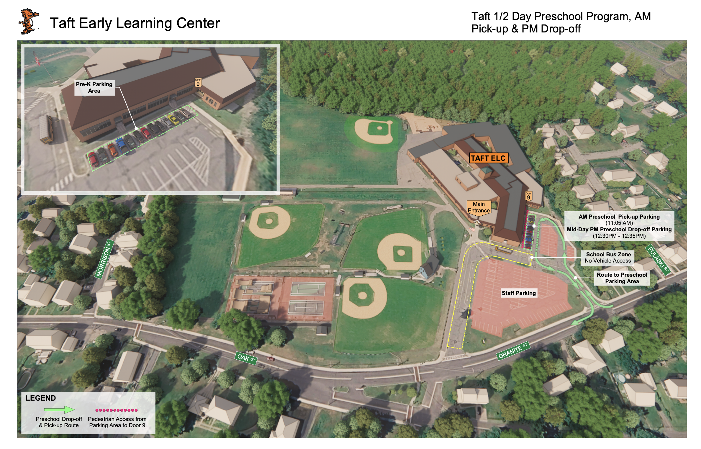 Aerial view of Taft Early Learning Center showing building layout, parking areas, and surrounding grounds.