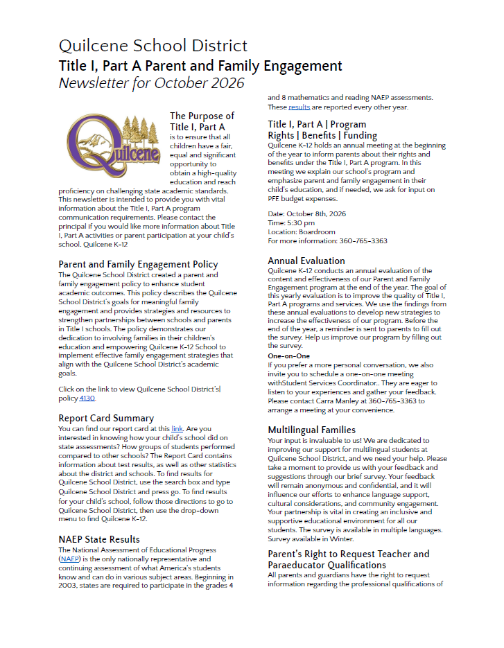 Quilcene School District Title I, Part A Parent and Family Engagement Newsletter for October 2026