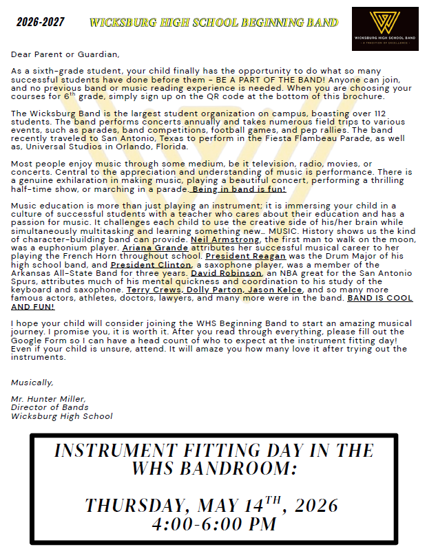 A flyer for the Wicksburg High School Beginning Band, dated 2026-2027, invites students to join.