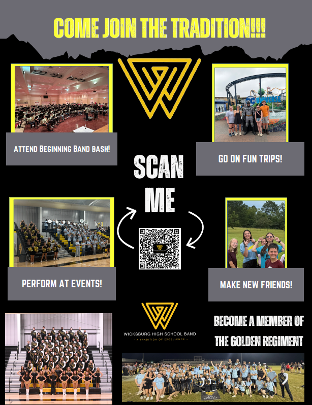 A collage of images promoting the Wicksburg High School Band, featuring band events, trips, and members.