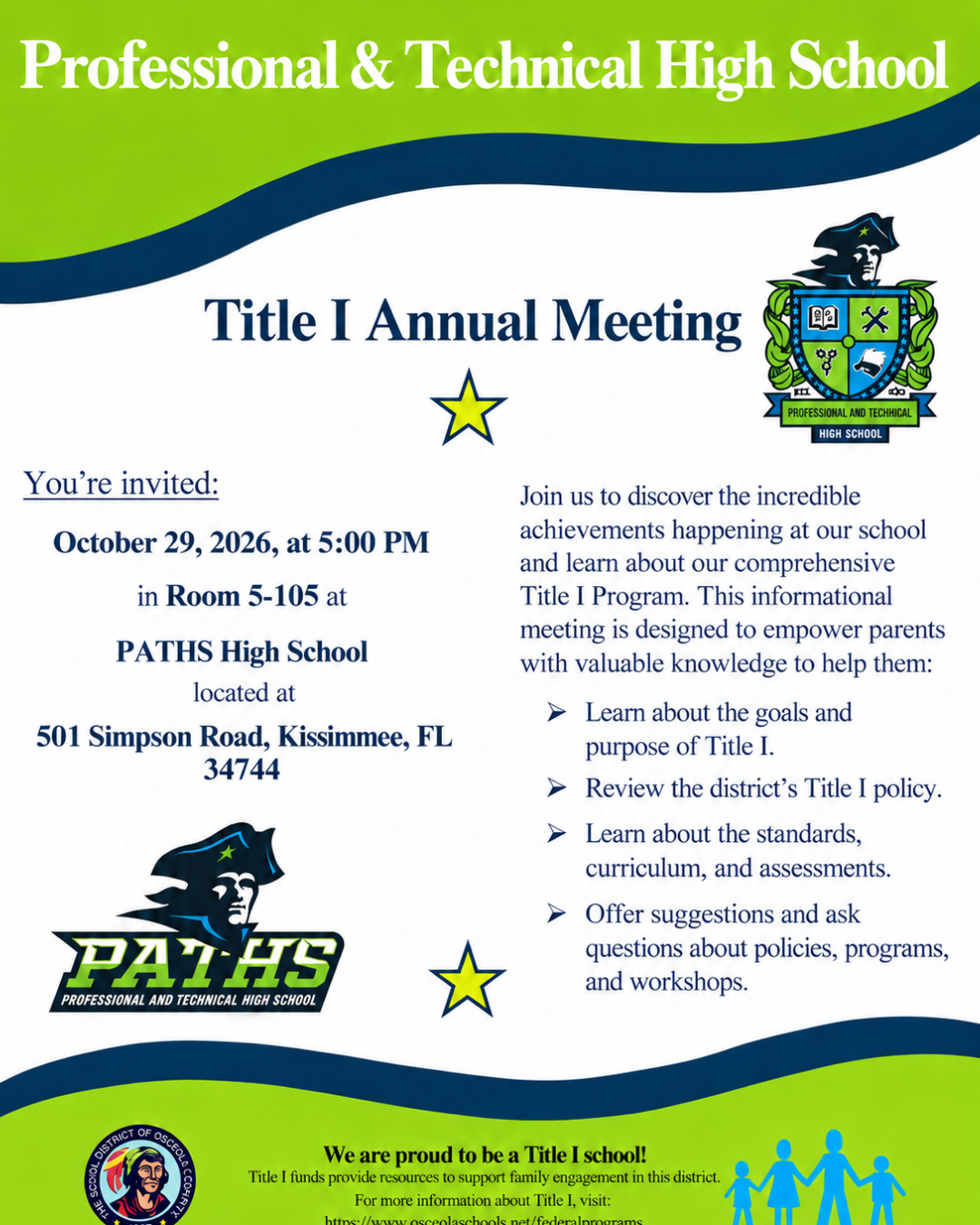 A flyer invites parents to the Title I Annual Meeting at Professional & Technical High School on October 29, 2026, at 5:00 PM in Room 5-105.
