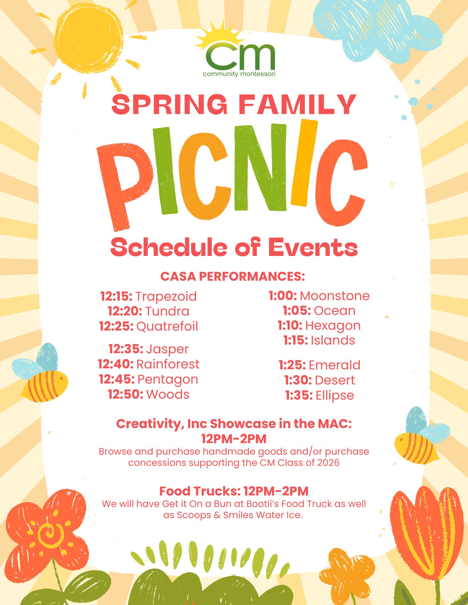 Poster for a Spring Family Picnic hosted by Community Montessori, featuring event schedules and food truck information.