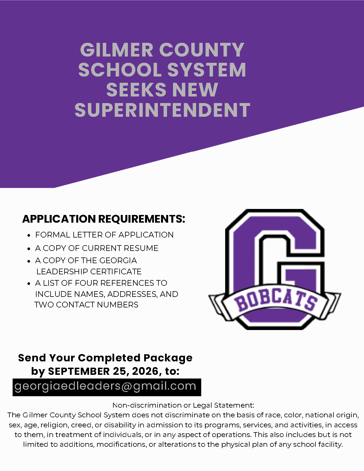 Gilmer County School System is seeking a new superintendent, with application deadline September 25, 2026.