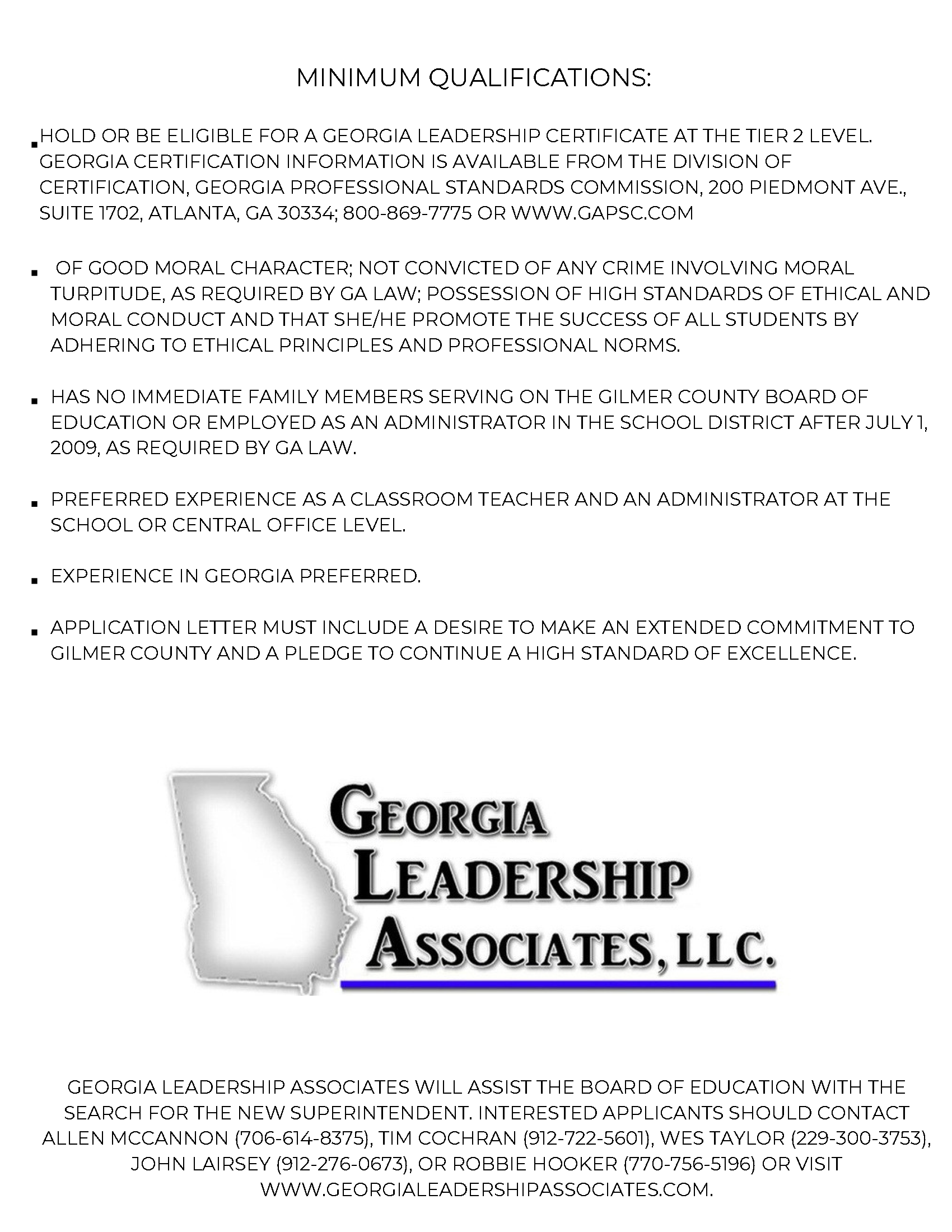 Document listing minimum qualifications for a position, including Georgia certification and moral character requirements.