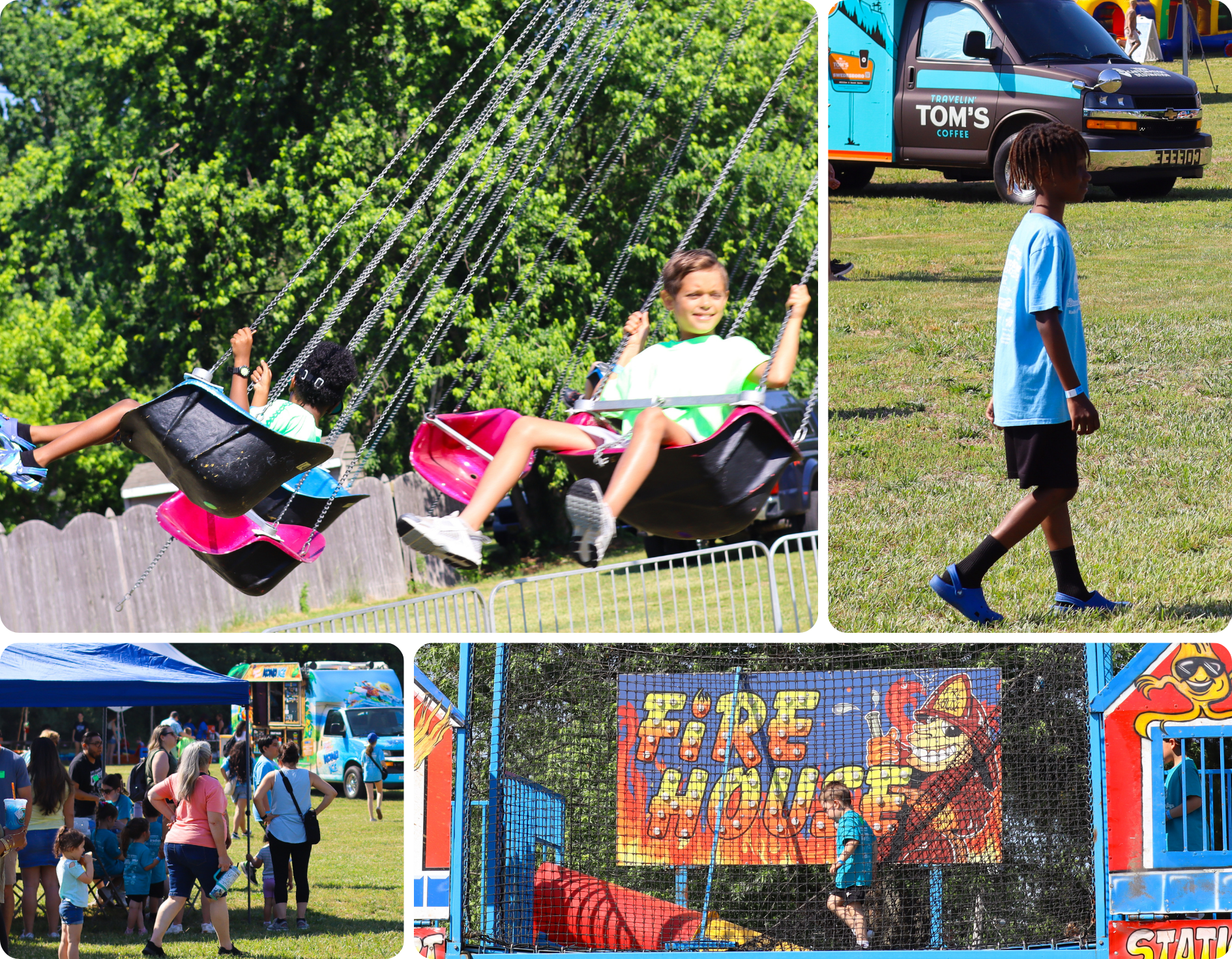 Children enjoy a swing ride at an outdoor event with trees in the background.