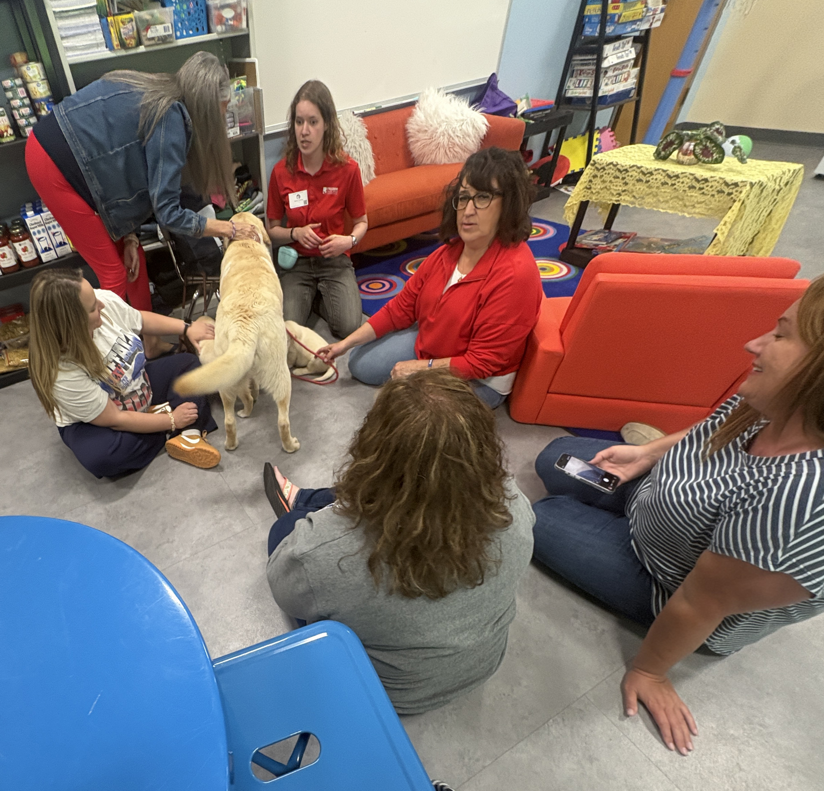 A group of people sit on the floor in a room, interacting with a golden retriever.