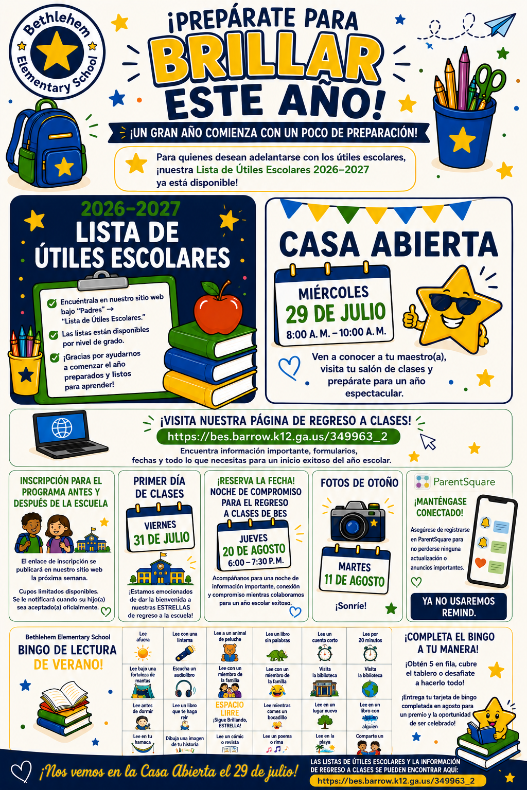 Bethlehem Elementary School announces "Prepare to Shine This Year!" with school supply lists and events for 2026-2027.