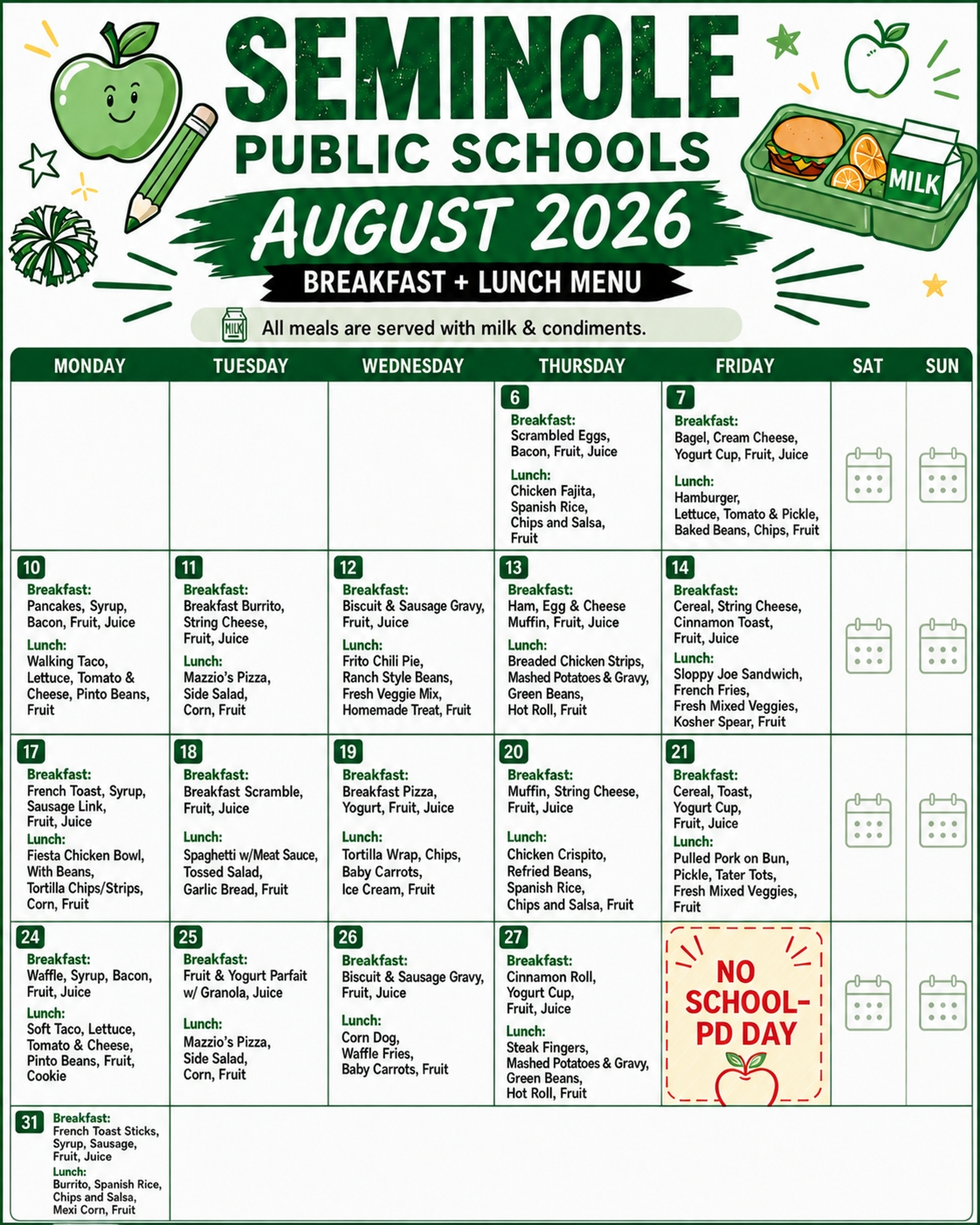 AUGUST 2026 MENU