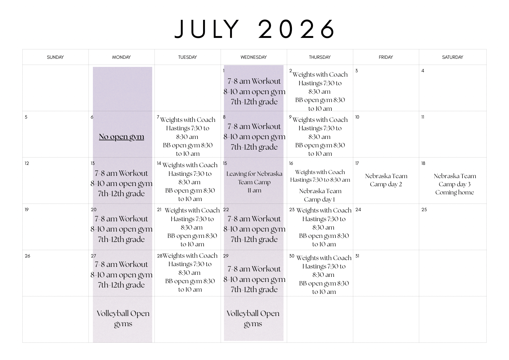 July 2026 calendar showing workout and open gym schedules.