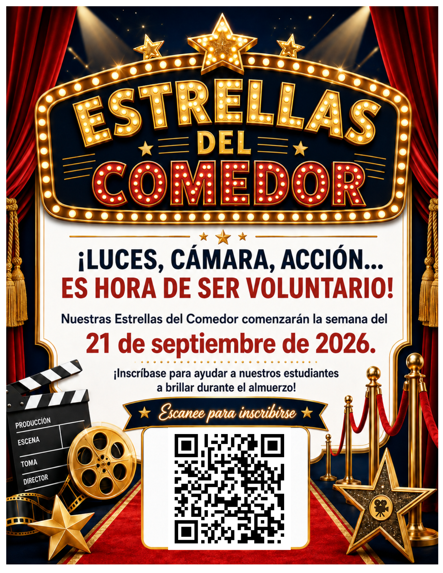 A movie-themed poster announces "Estrellas del Comedor" (Stars of the Cafeteria) volunteer week starting September 21, 2026.