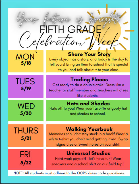 Fifth Grade Celebration Week schedule with daily themes and dates from May 18-22.