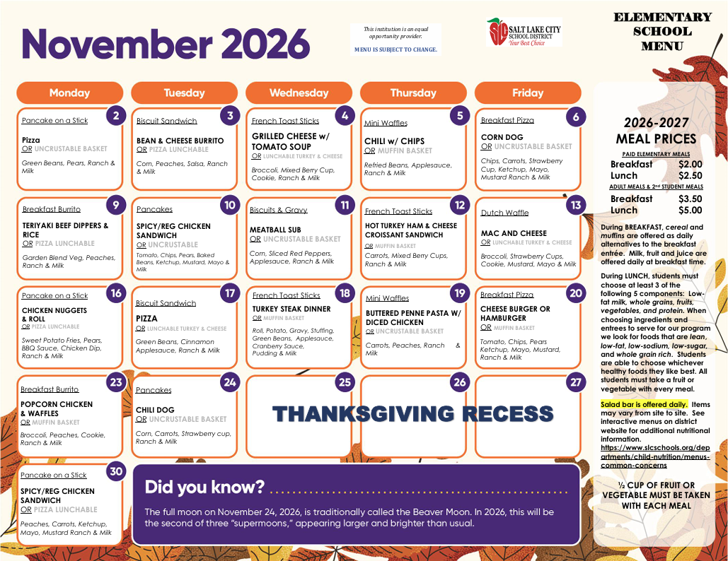 School Lunch Menu - November