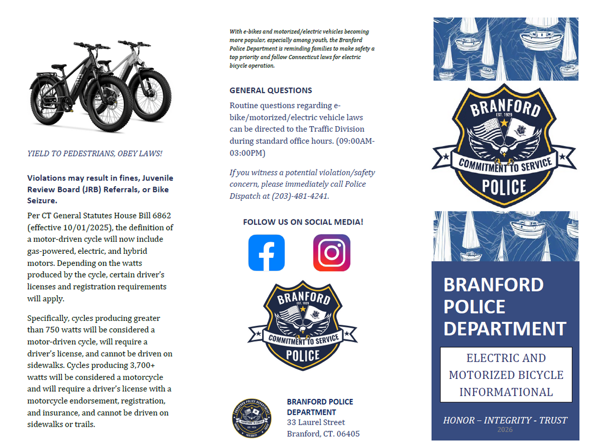 Sent on Behalf of the Branford PD: E-Bike Laws and Safety