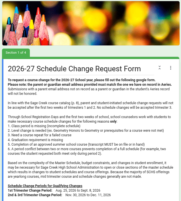 Schedule Change Requests for 2026-2027