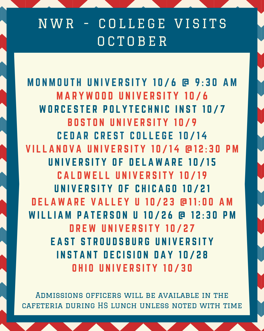 NWR College Visits - October, November, and December 2026
