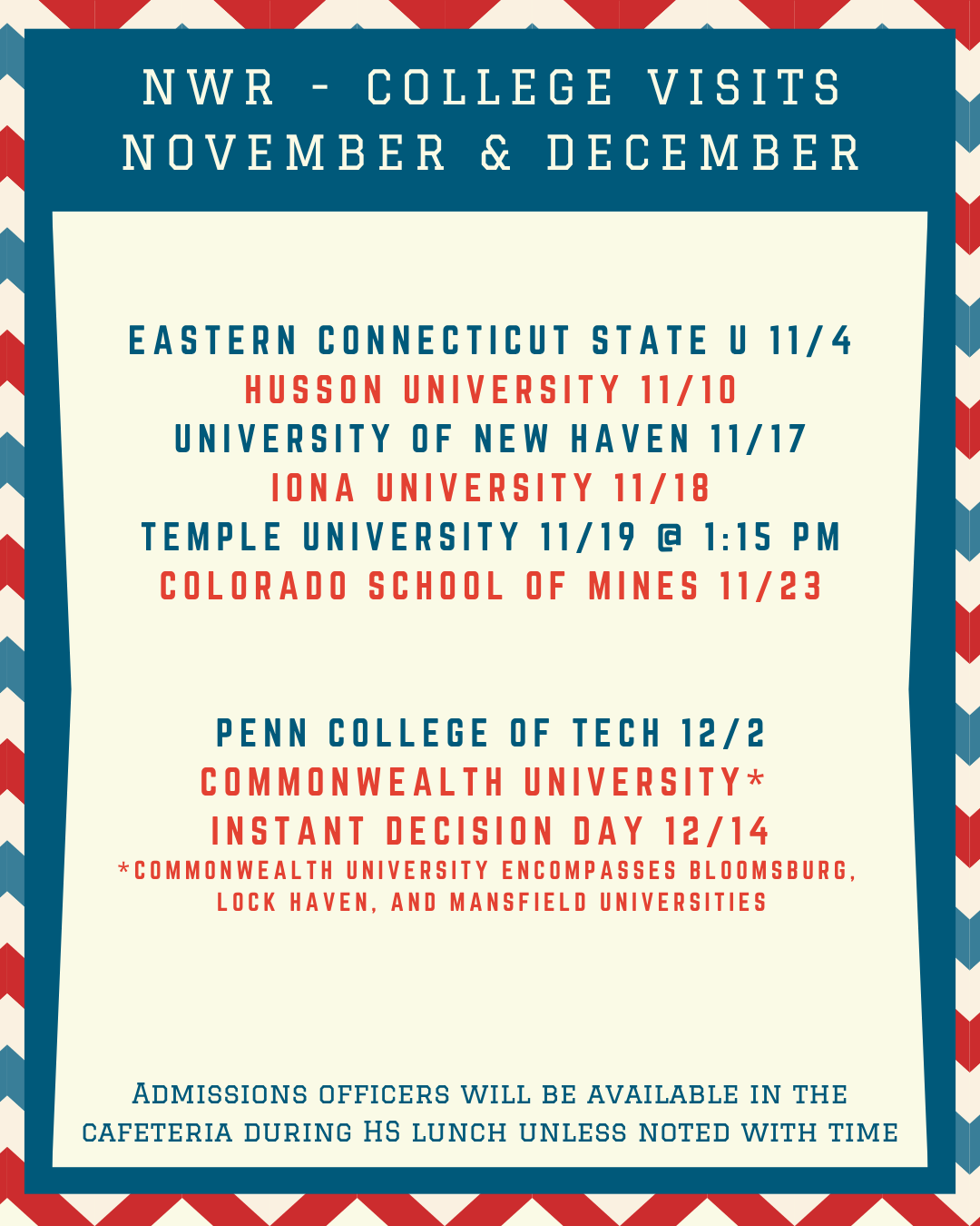 A schedule flyer titled 'NWR - COLLEGE VISITS OCTOBER' lists upcoming university visits with dates and times.