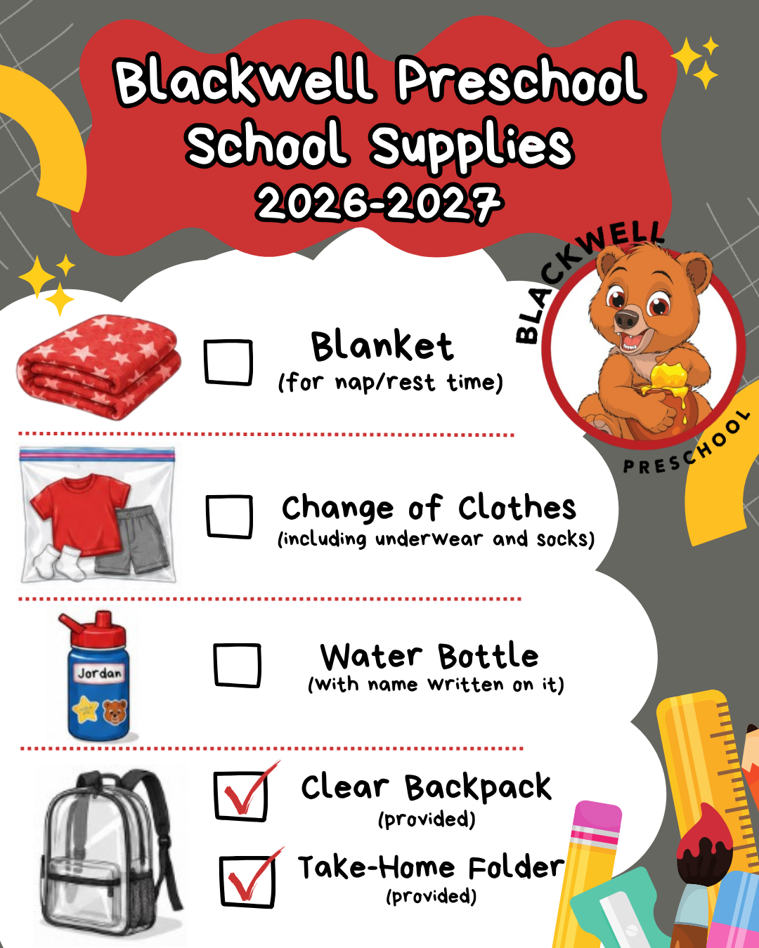 Blackwell Preschool 2026-2027 School Supplies