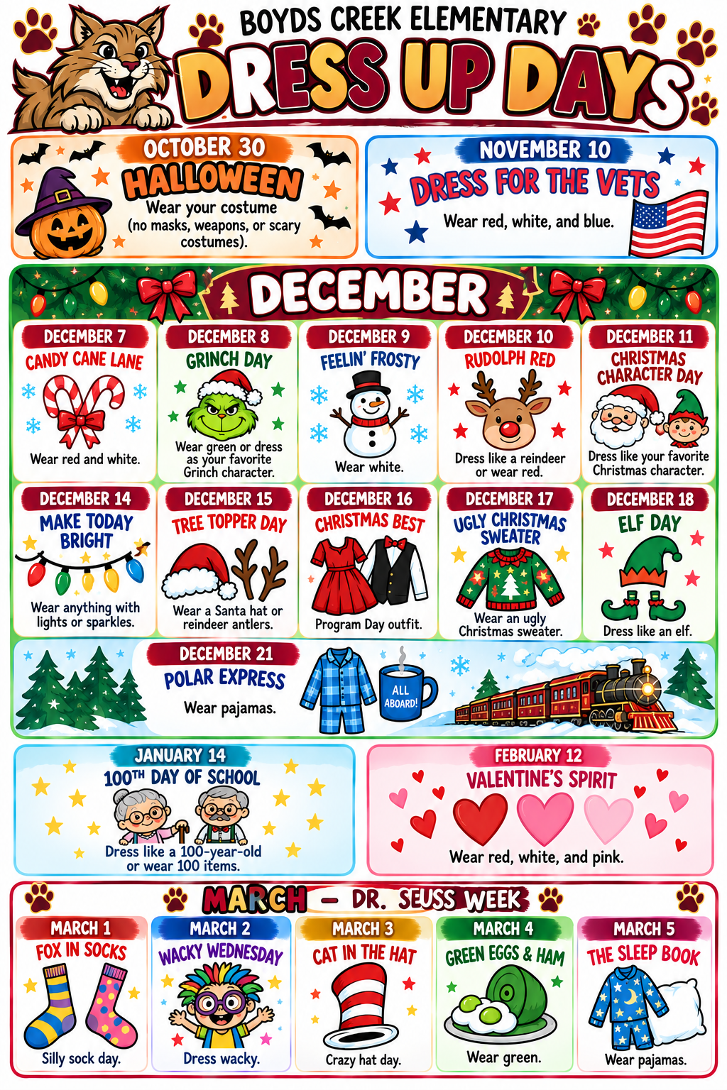 School Dress Up Calendar