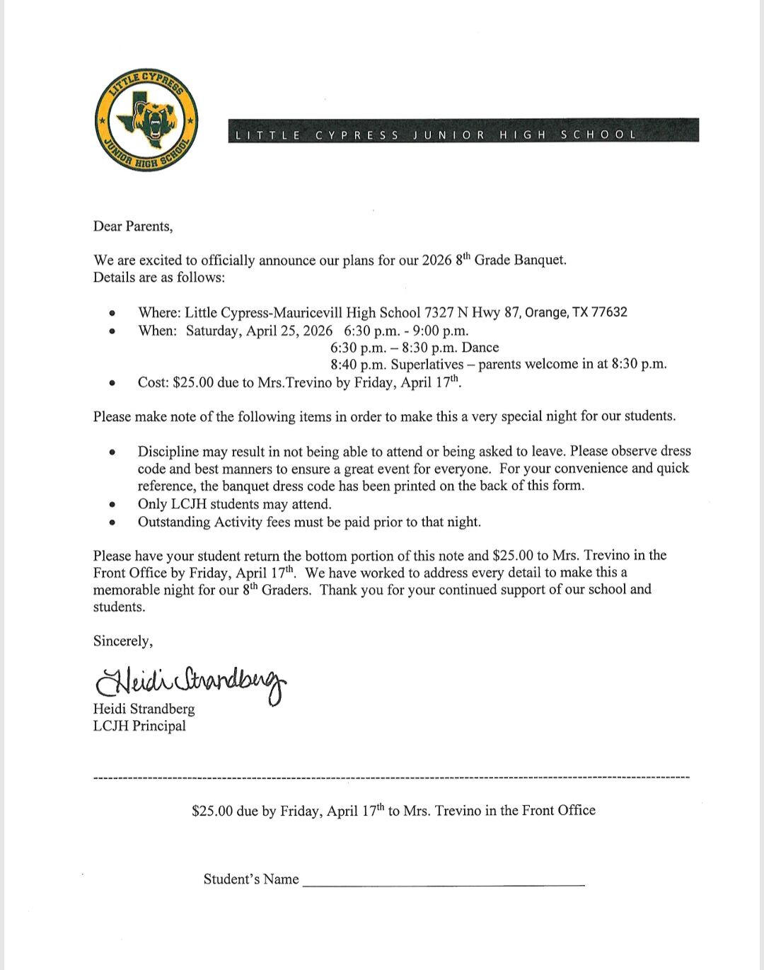 8th Grade Banquet Parent Letter -  Note: Date and Location Change