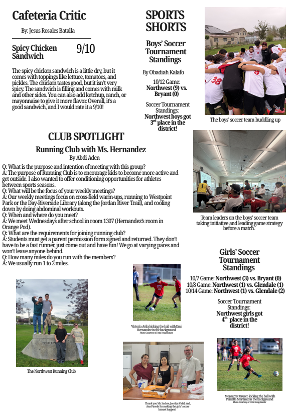 A school newsletter page featuring articles like Cafeteria Critic, Club Spotlight on the running club, and Sports Shorts on soccer standings.