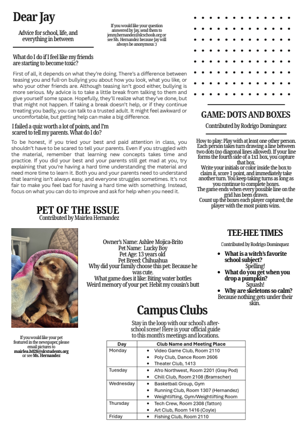 A school newsletter page featuring advice columns, a dot-to-dot game, pet of the issue, jokes, and club meeting schedules.