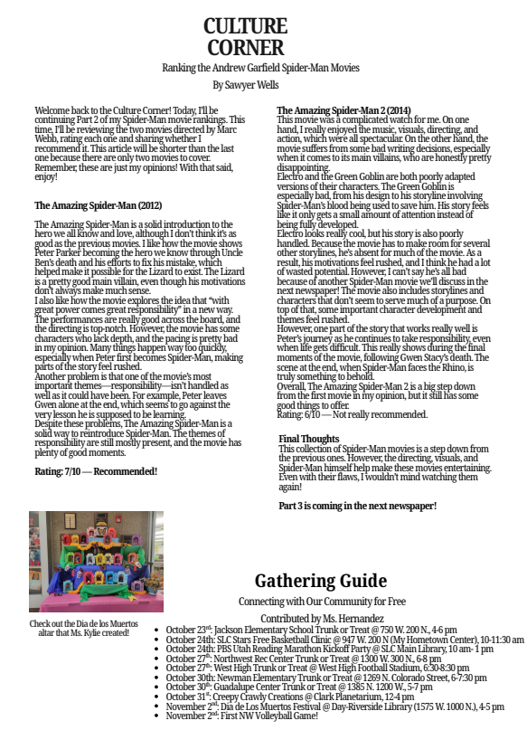 A newspaper page titled 'Culture Corner' featuring a review of Andrew Garfield's Spider-Man movies.