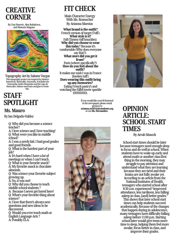 A school newspaper page features articles like "Creative Corner," "Fit Check," "Staff Spotlight," and an opinion piece on school start times.