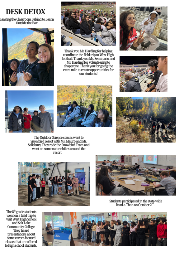 A collage of photos shows students participating in outdoor science activities, field trips, and classroom learning.