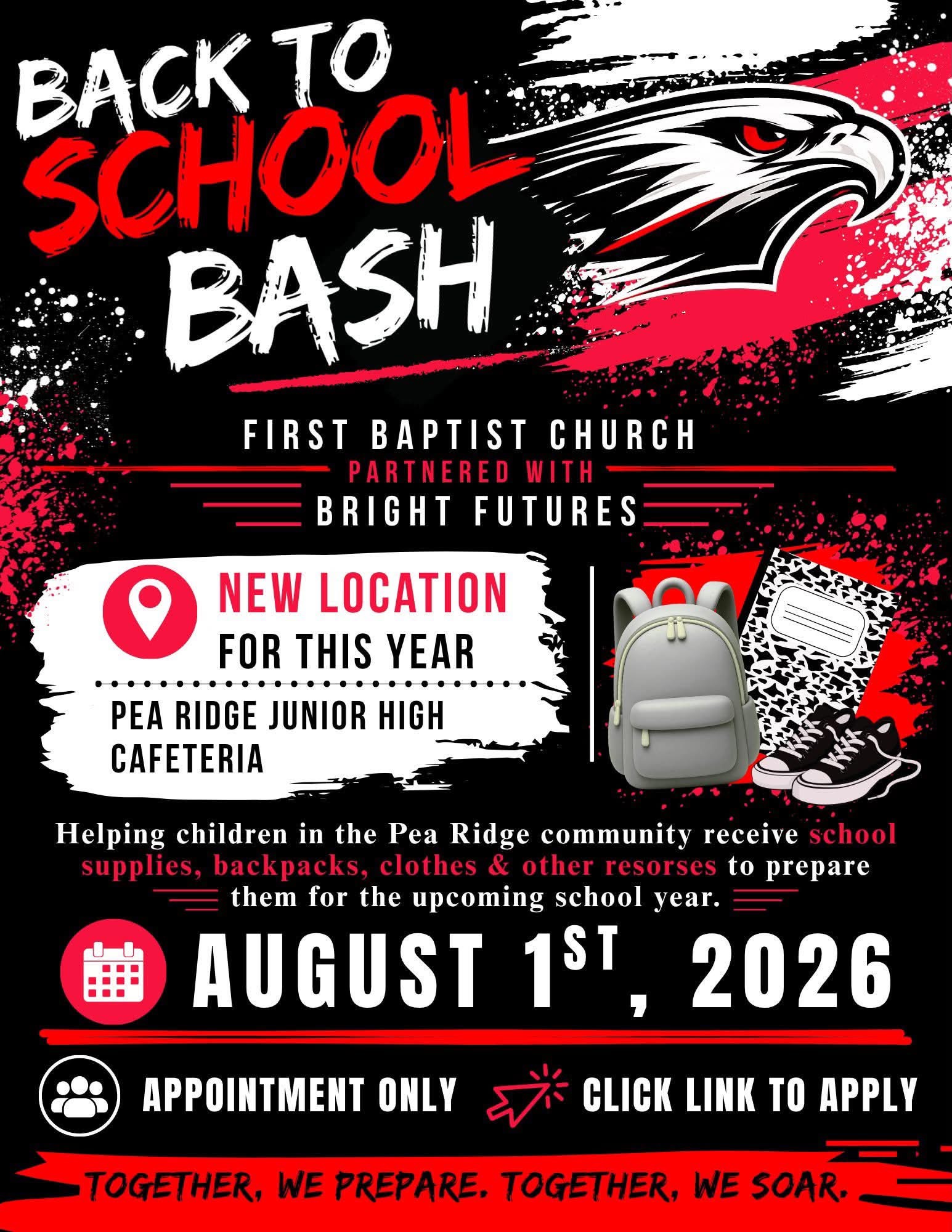 Back to School Bash event flyer with a hawk graphic, announcing a new location at Pea Ridge Junior High Cafeteria on August 1st, 2026.