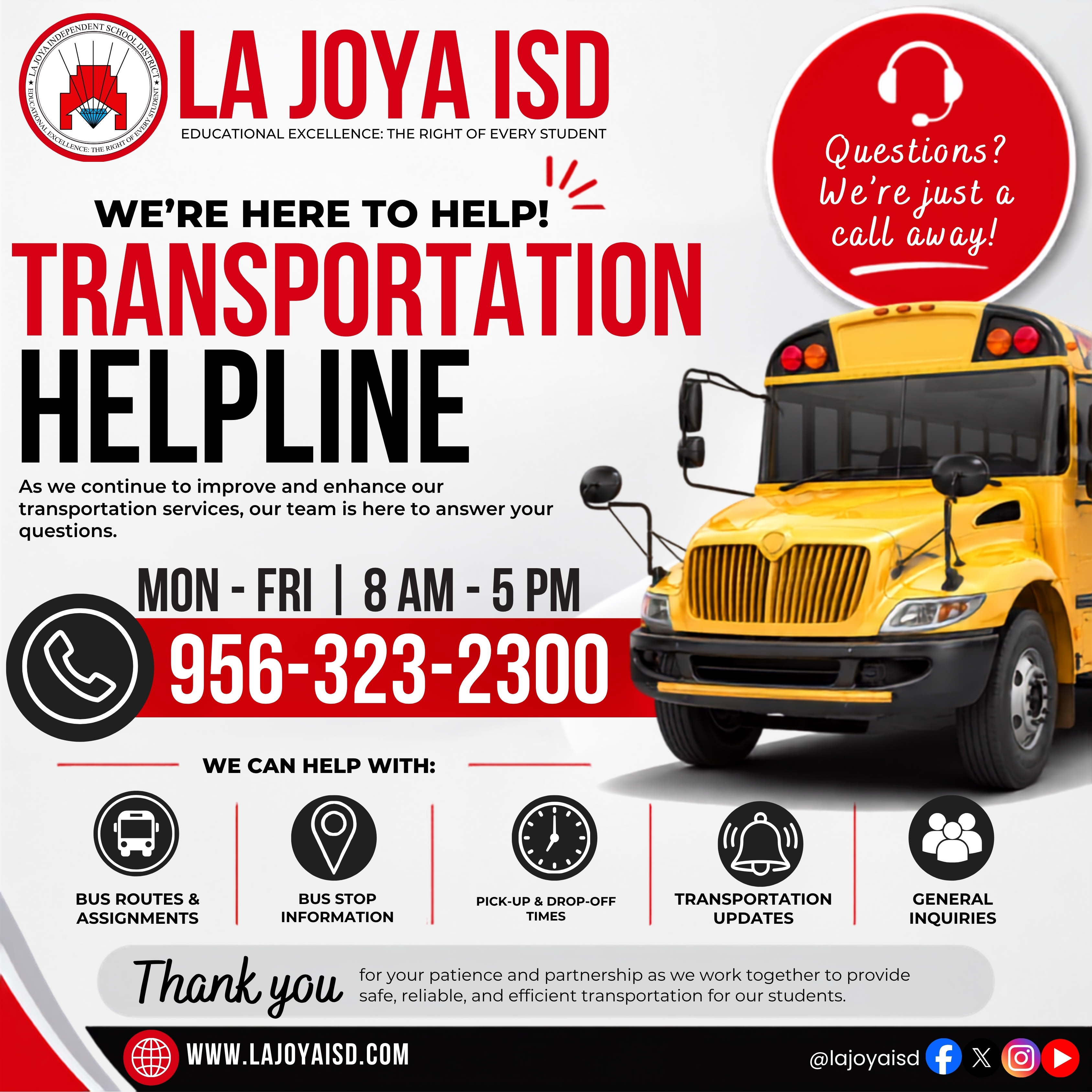 📞 Questions about student transportation? We're here to help! 🚌 | 📞 ¿Tiene preguntas sobre el transporte escolar? ¡Estamos aquí para ayudarle! 🚌