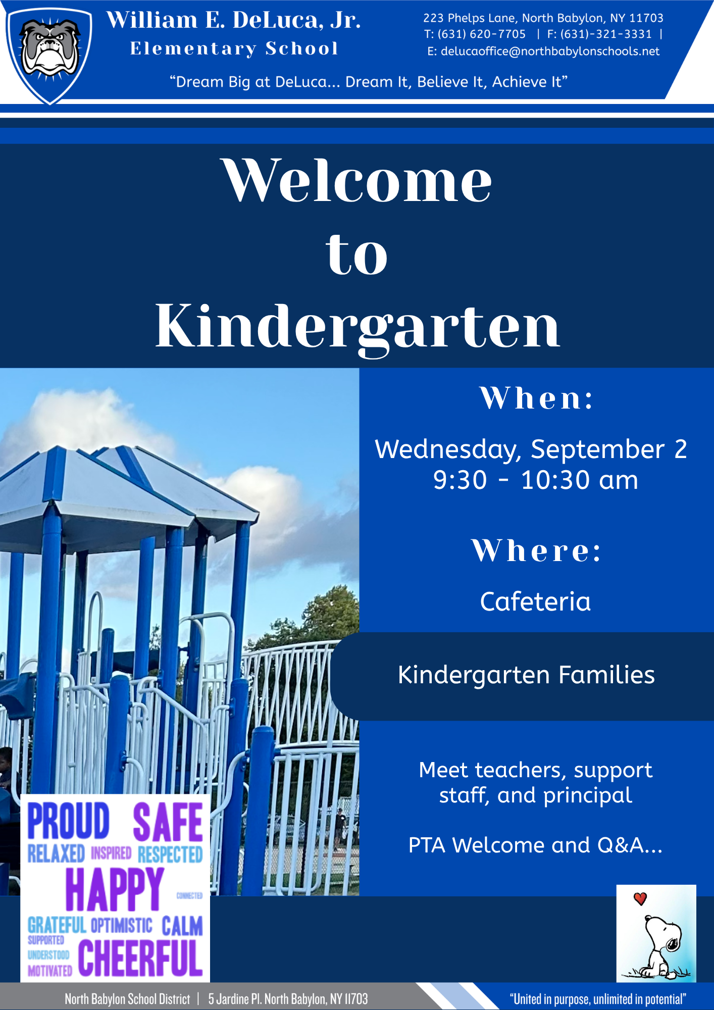 Welcome Kindergarten Families - Date: Wednesday, September 2 @ 9:30am | Please RSVP