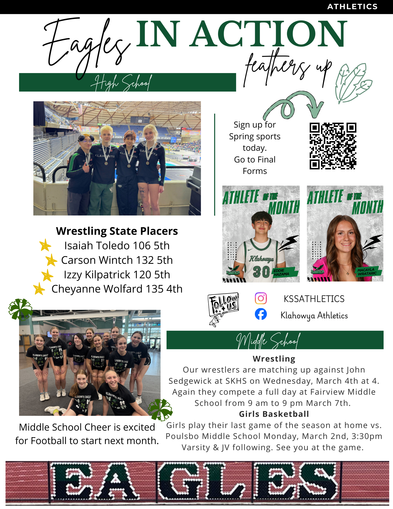 Four high school wrestlers in medals stand together in a stadium.