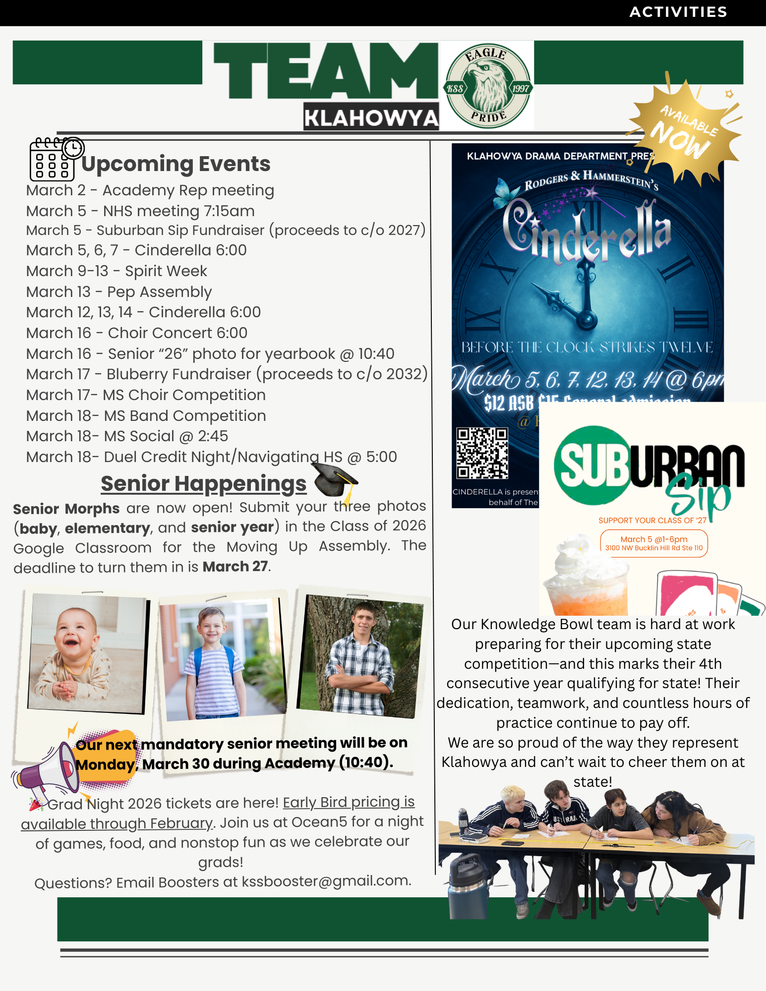 A flyer for Klahowya High School activities, featuring upcoming events, senior happenings, and a Cinderella play advertisement.