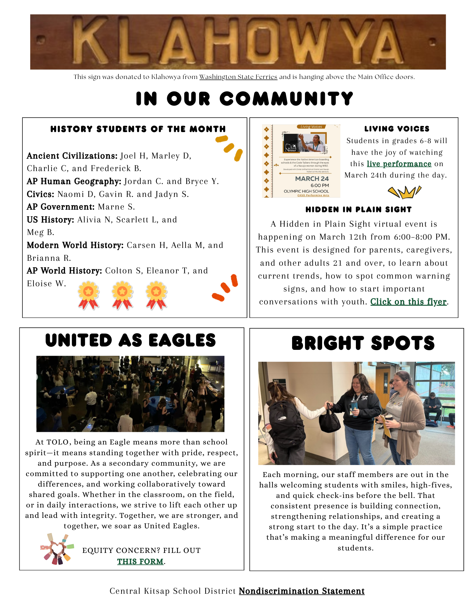 A sign reading 'KLAHOWYA' hangs above school doors, with community news below.