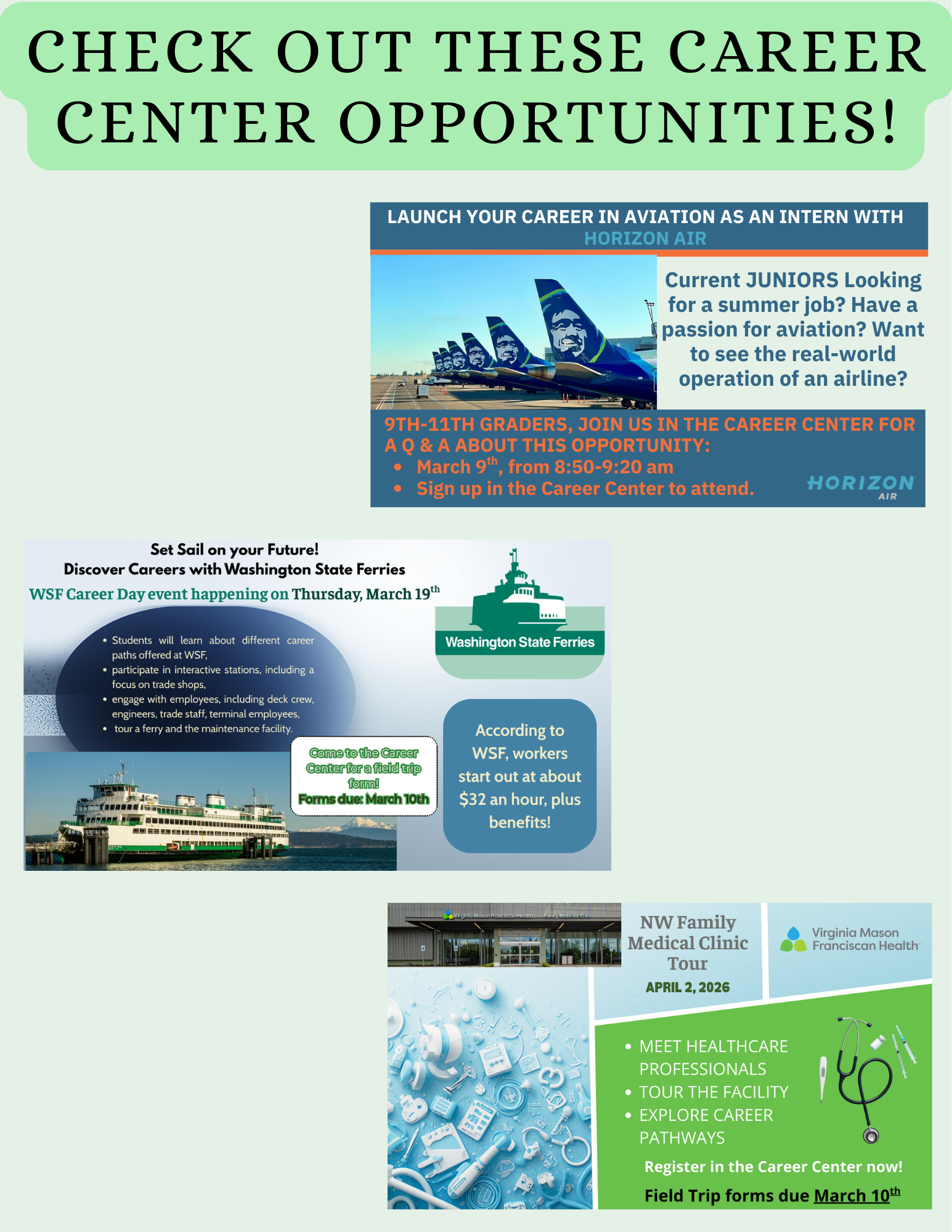 Image displays information about career opportunities, including aviation internships with Horizon Air and careers with Washington State Ferries.