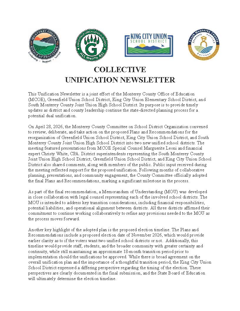 Please take a moment to read this important message from the Superintendent regarding Unification.