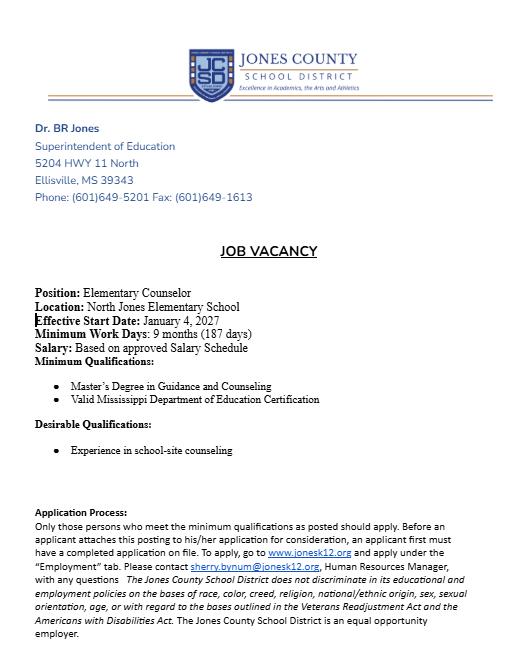 North Jones Elementary Job Opening for Elementary Counselor 