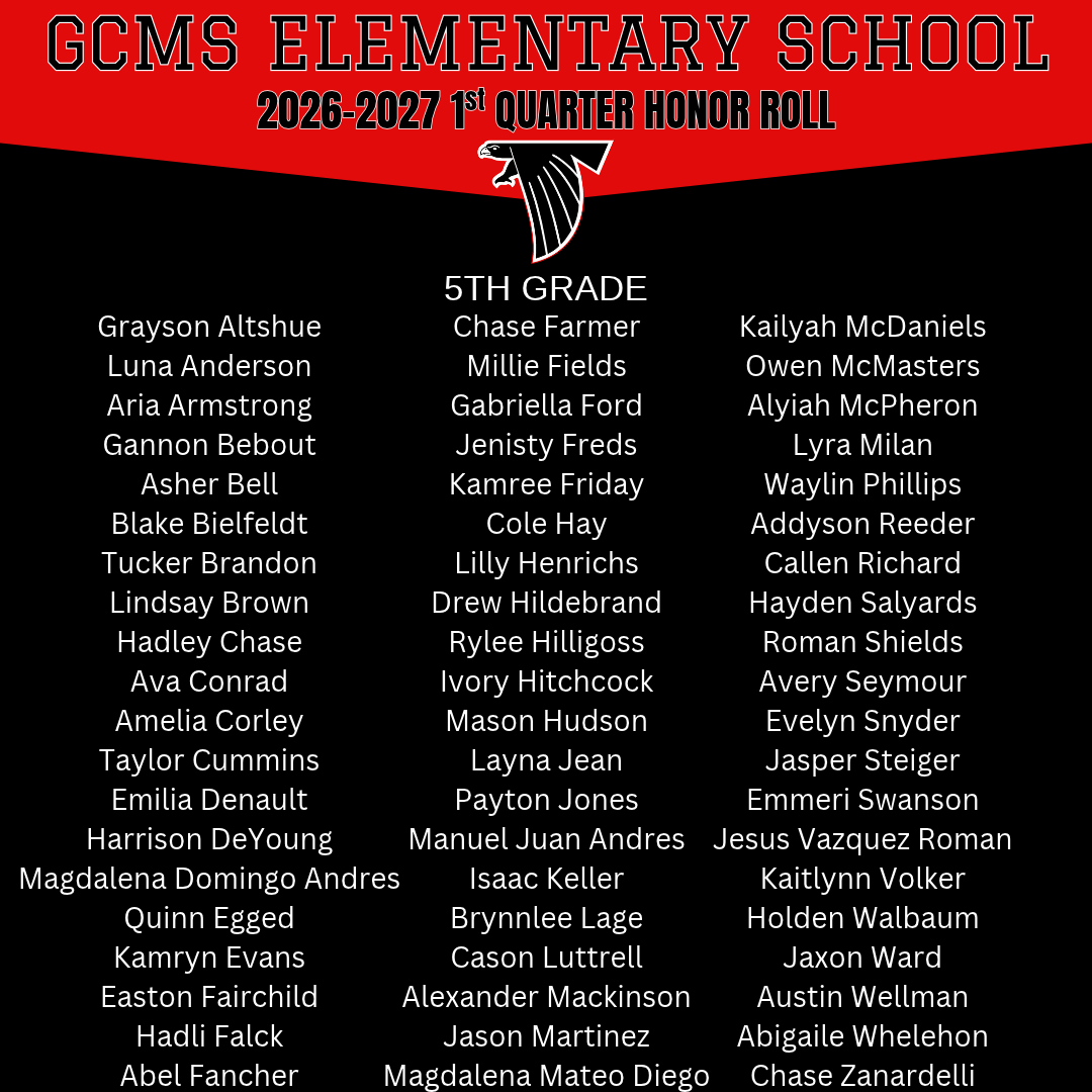 A digital graphic listing the GCMS Elementary School 2026-2027 1st Quarter Honor Roll for 5th grade.