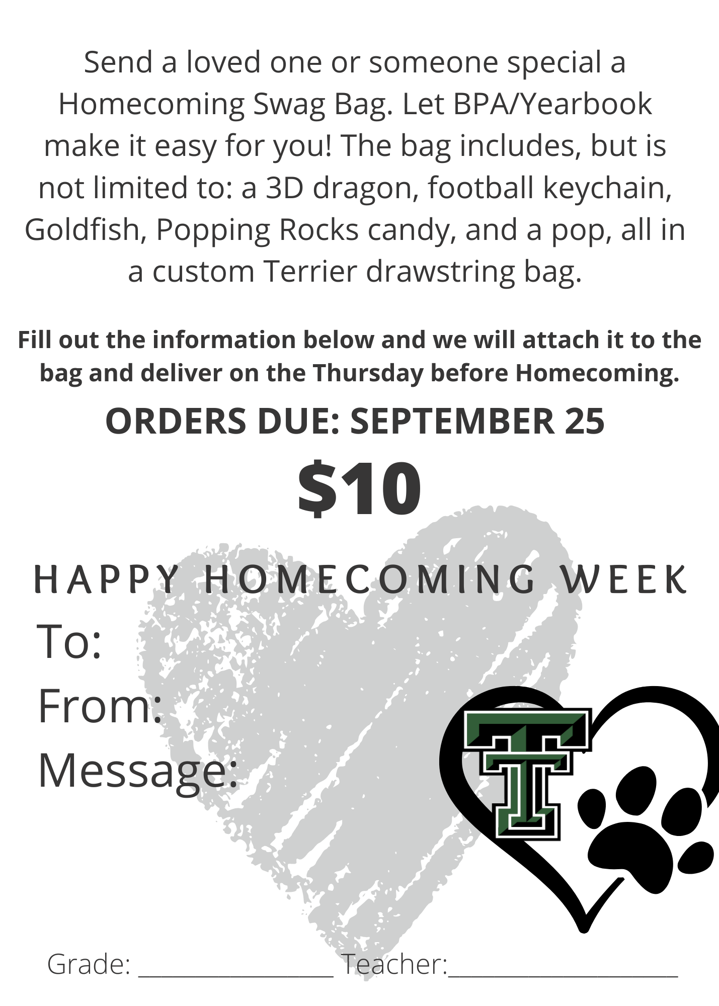 Homecoming Swag Bags are available to purchase online here!