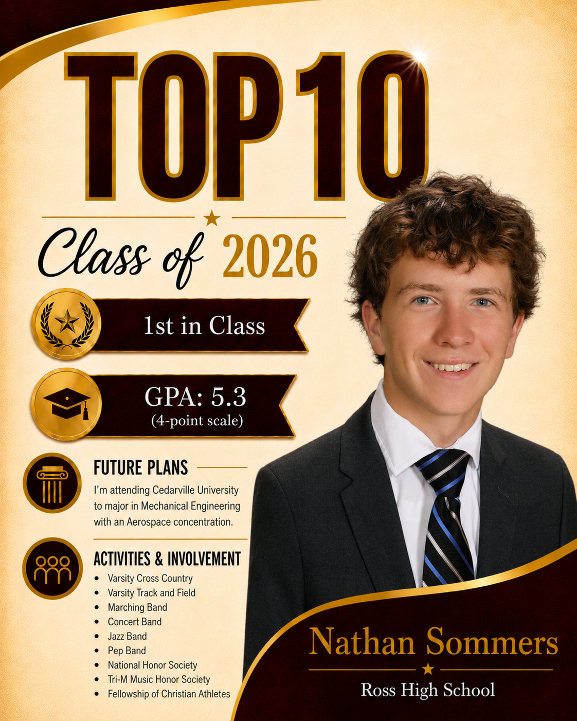 Nathan Sommers, a student from Ross High School, is recognized as Top 10 in the Class of 2026.