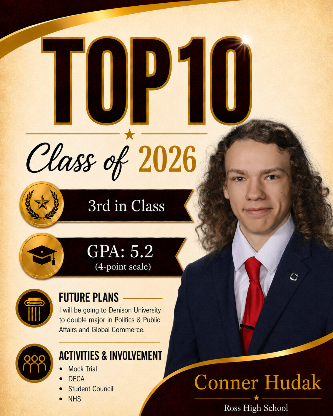 Conner Hudak, a student from Ross High School, is recognized as 3rd in Class for the Class of 2026 with a GPA of 5.2.