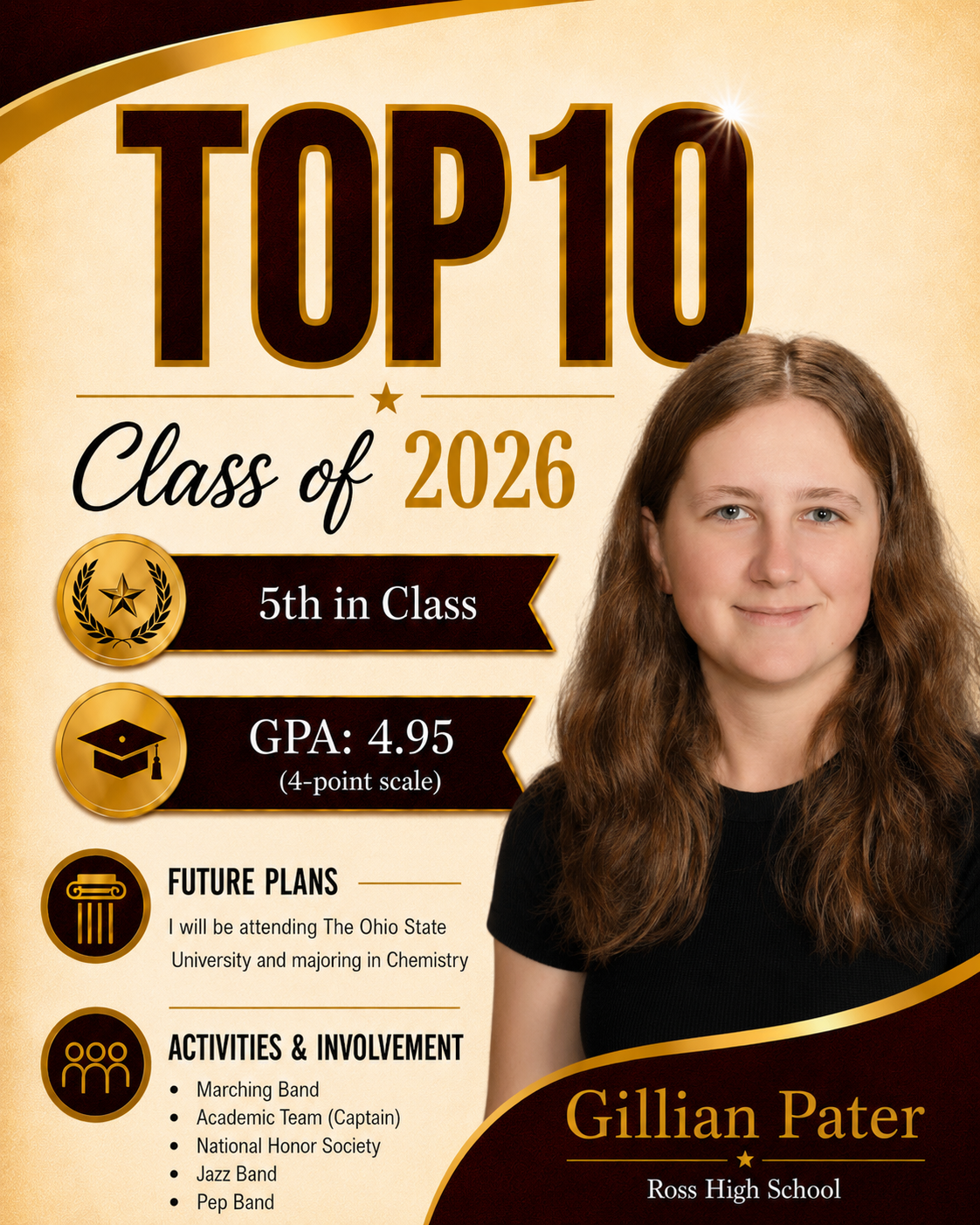 Gillian Pater, a student in the Class of 2026, is recognized as 5th in her class with a GPA of 4.95.