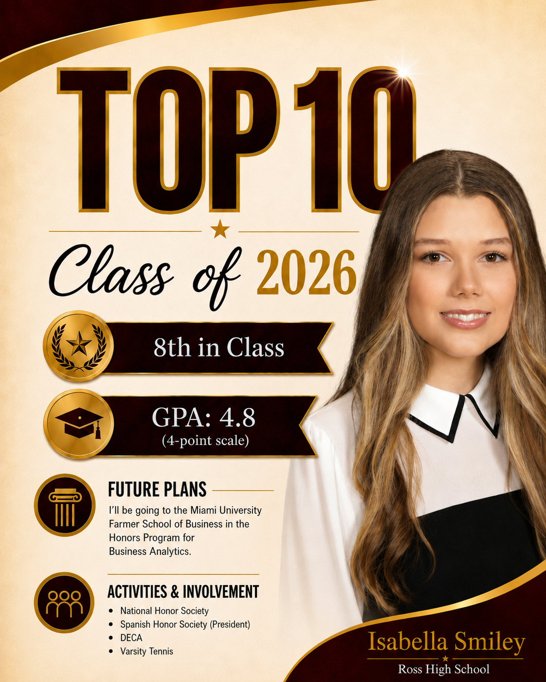 Isabella Smiley, a student from Ross High School, is recognized as Top 10 in the Class of 2026, ranking 8th with a GPA of 4.8.
