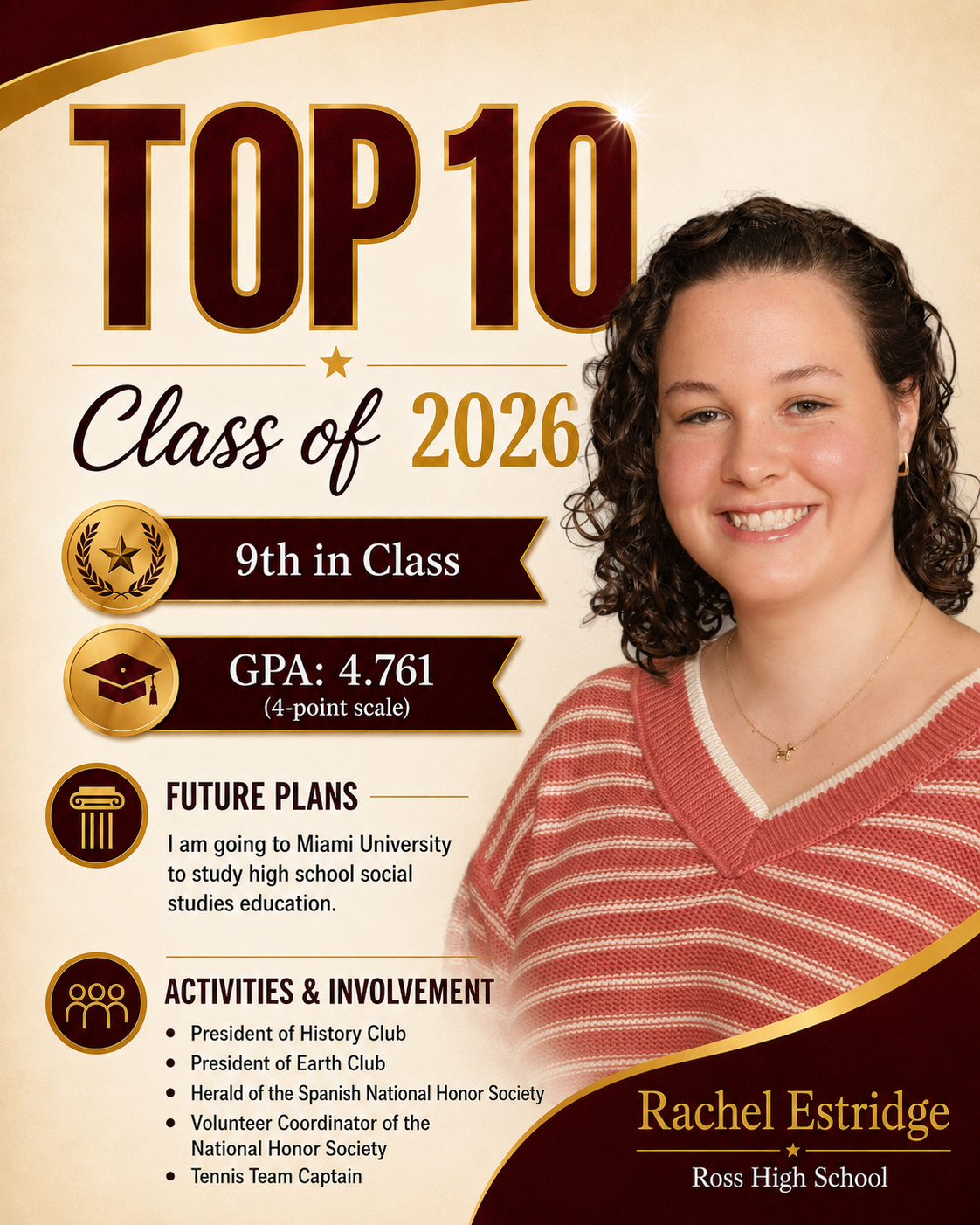 Rachel Estridge, a student from Ross High School, is recognized as 9th in the Class of 2026 with a GPA of 4.761.