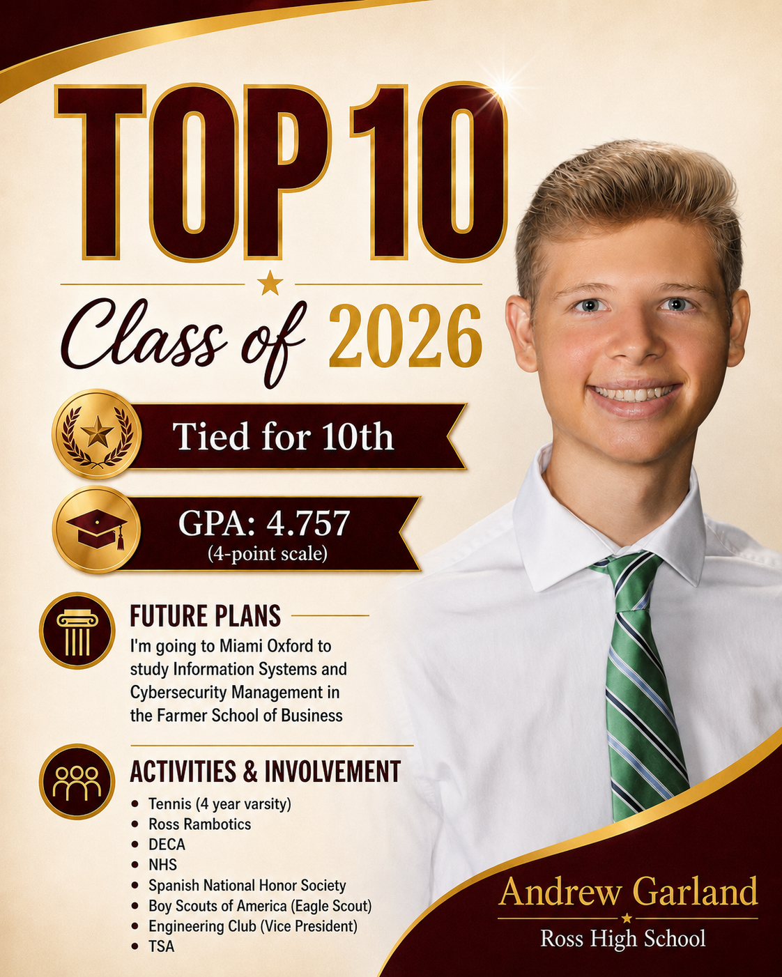 Andrew Garland, a student from Ross High School, is recognized as Top 10 in the Class of 2026, tied for 10th place with a GPA of 4.757.