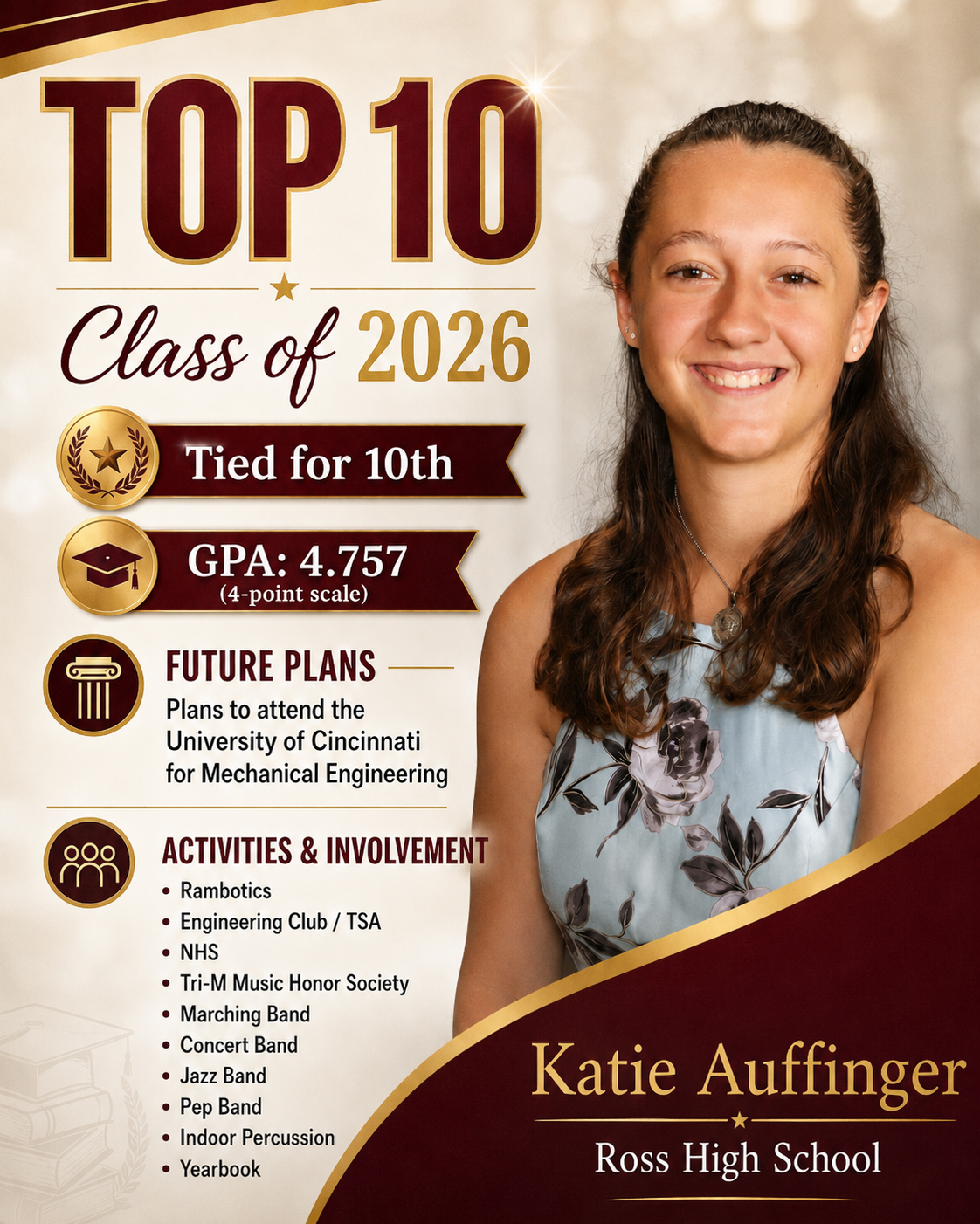 Portrait of Katie Auffinger, a Top 10 student from Ross High School, Class of 2026.