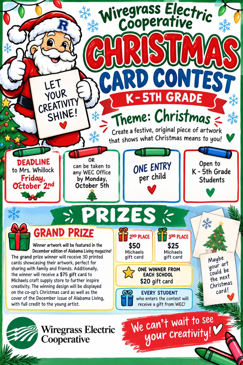 A colorful poster announces the Wiregrass Electric Cooperative Christmas Card Contest for K-5th grade students.