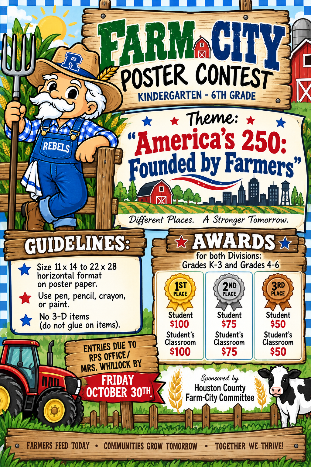 A colorful poster announcing the Farm City Poster Contest for kindergarten through 6th grade, featuring a farmer mascot, theme, guidelines, and awards.