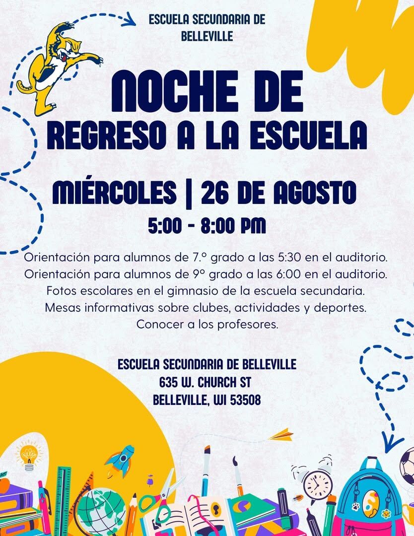 Poster for Belleville Secondary School's 'Noche de Regreso a la Escuela' (Back to School Night) on Wednesday, August 26th, from 5:00 PM to 8:00 PM.