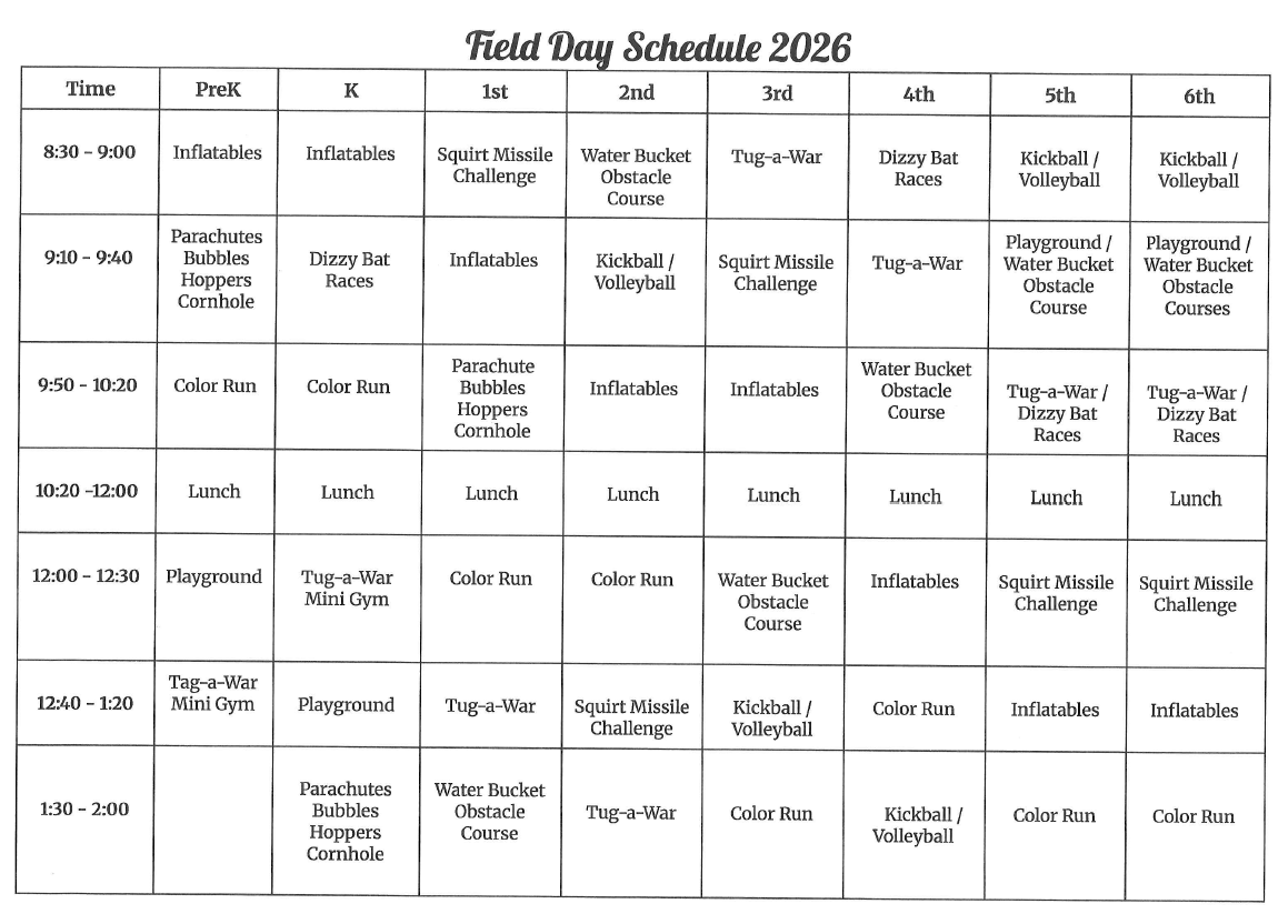 Field Day Schedule 2026 chart showing activities for PreK through 6th grade.